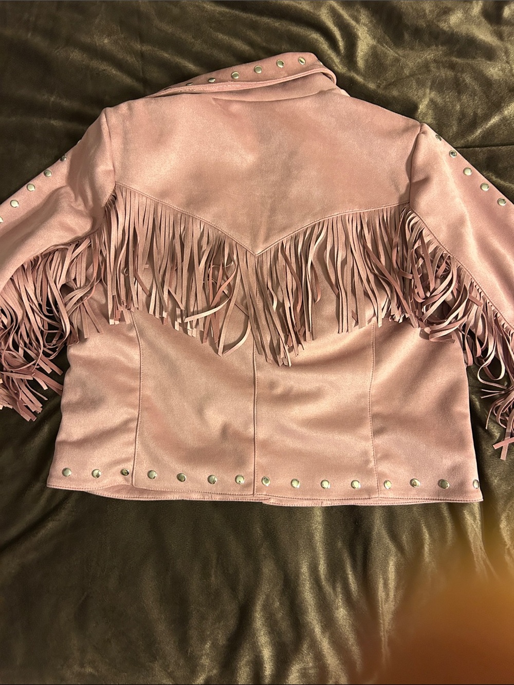 Adore Dusty Pink Faux Suede Fringe Moto Jacket with Studs - Picture 8 of 13